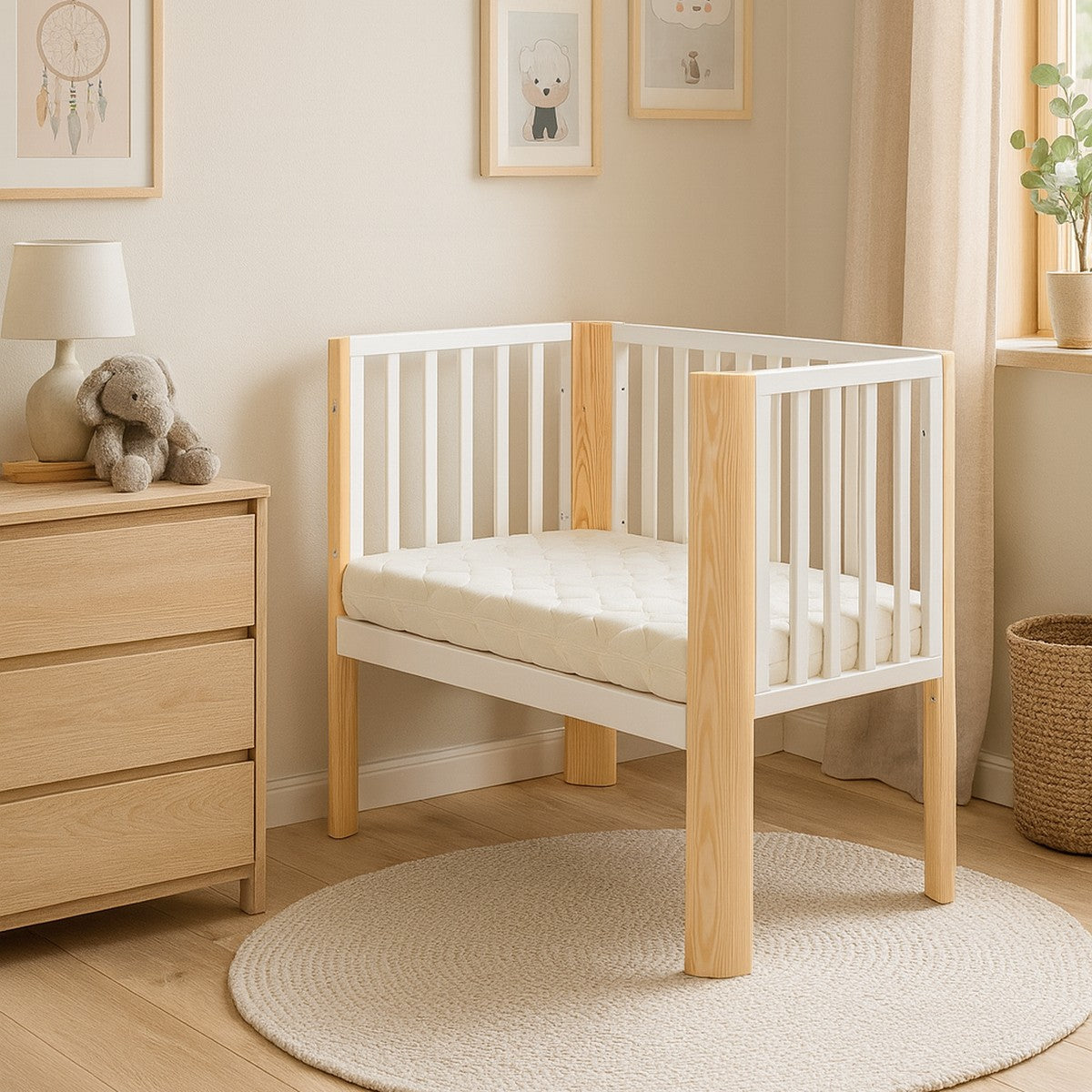 Baby Beistellbett aus Holz in Natur-Weiß für Neugeborene