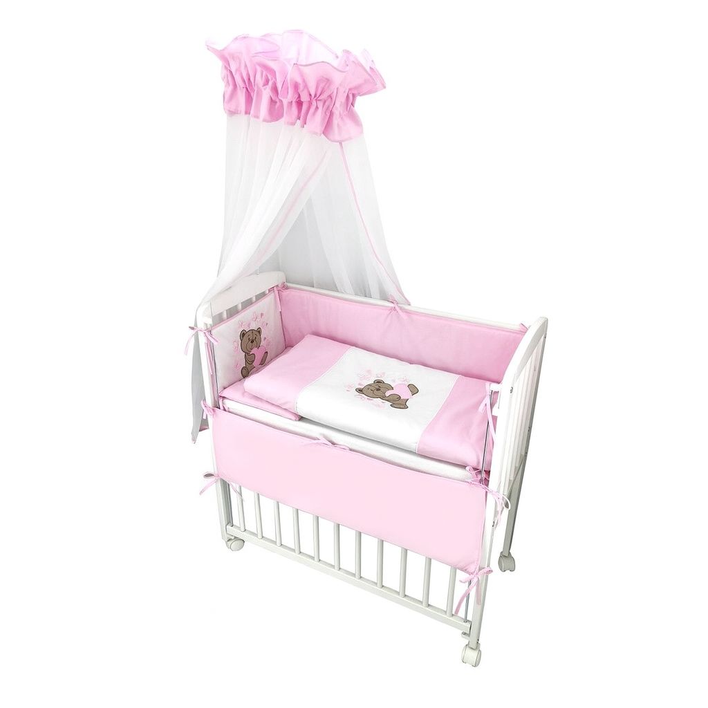 3in1 Beistellbett Weiß mit Knuddelbärchen-Bettwäsche in Rosa