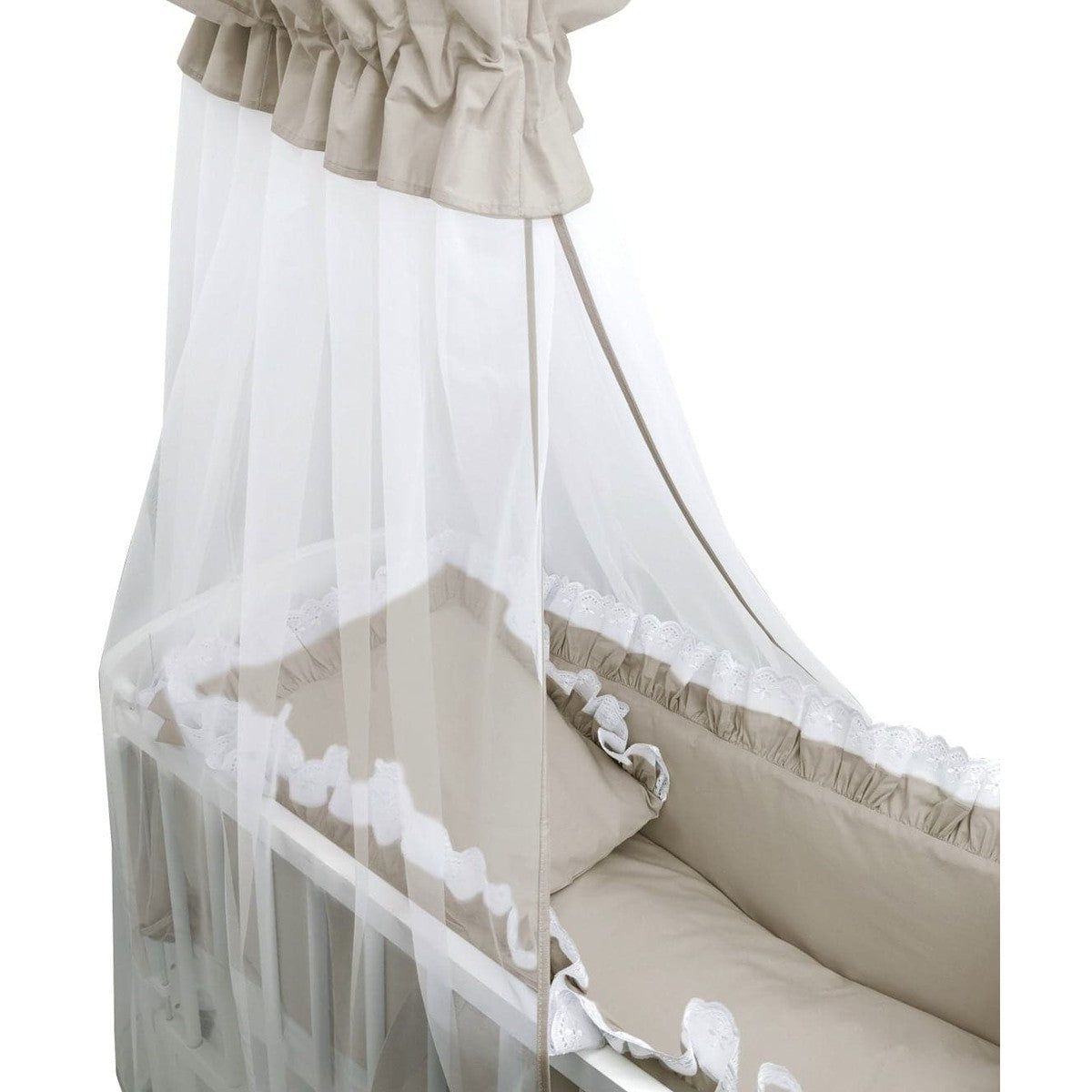 Beistellbett Baby in Beige mit Himmel und Spitze im Detail