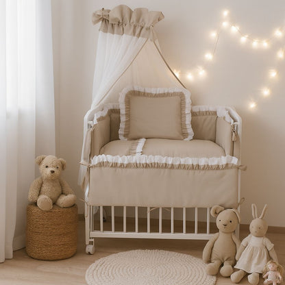 Beistellbett Baby Komplettset in Beige im Babyzimmer mit Himmel