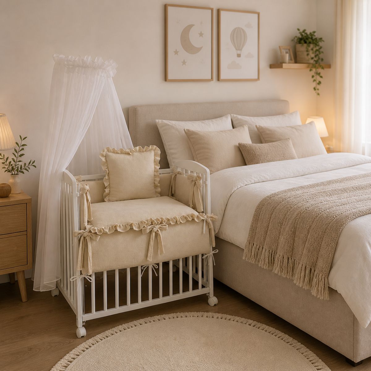 Beistellbett Babyhafen in Beige neben einem Boxspringbett im gemütlichen Elternschlafzimmer