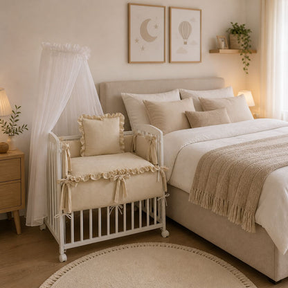 Beistellbett Babyhafen in Beige neben einem Boxspringbett im gemütlichen Elternschlafzimmer