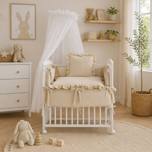 Beistellbett Babyhafen in Beige aus Musselin im modernen unisex Kinderzimmer mit liebevoller Dekoration