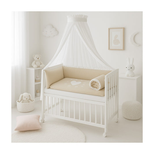 Babyhafen Beistellbett 3in1 in Beige mit Himmel und Rollen