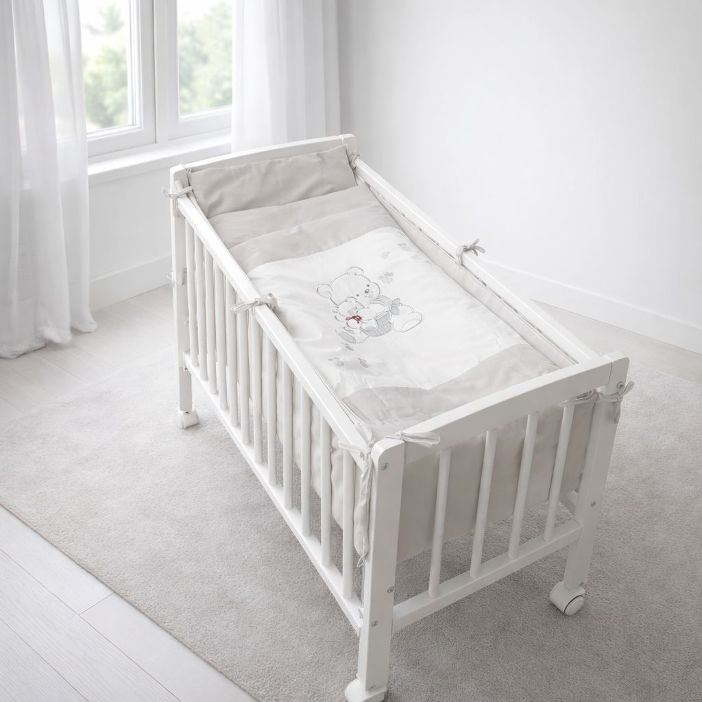 Beistellbett grau 40x90 mit Bettwäsche Set und Bären Motiv