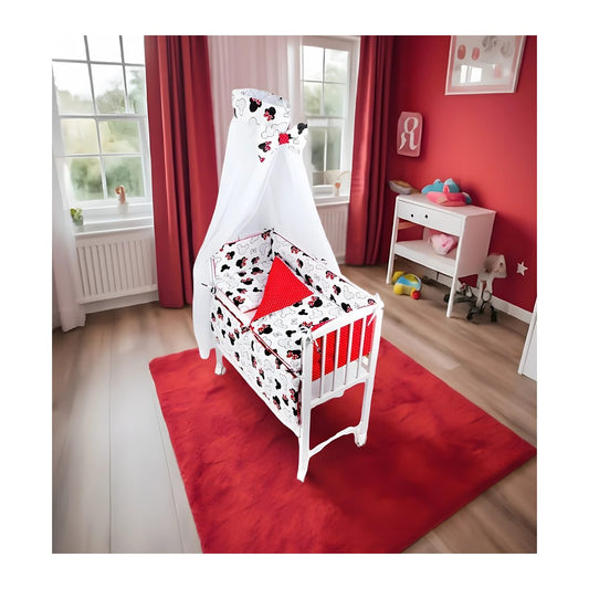 Babybett Set Weiß mit Himmel, Bettset Minnie Maus Rot-Weiß - babyhafen.de 