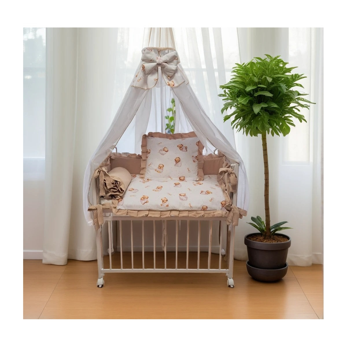 Babybett 3in1 Musselin Beige – Beistellbett & Stubenwagen Teddybär - babyhafen.de 