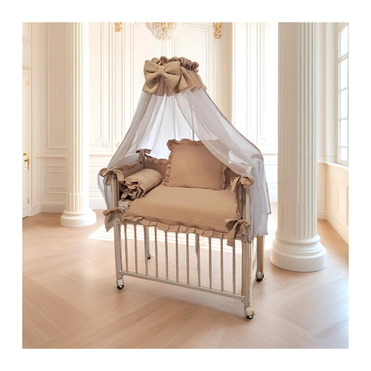 Babybett 3in1 Musselin Beige – Beistellbett & Stubenwagen ab Geburt - babyhafen.de 