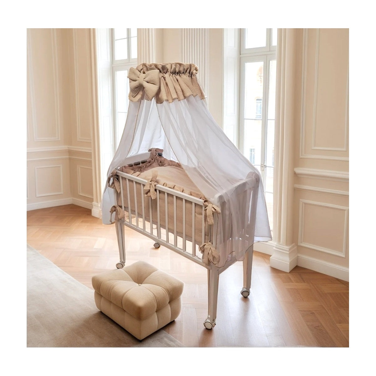 Babybett 3in1 Musselin Beige – Beistellbett & Stubenwagen ab Geburt - babyhafen.de 