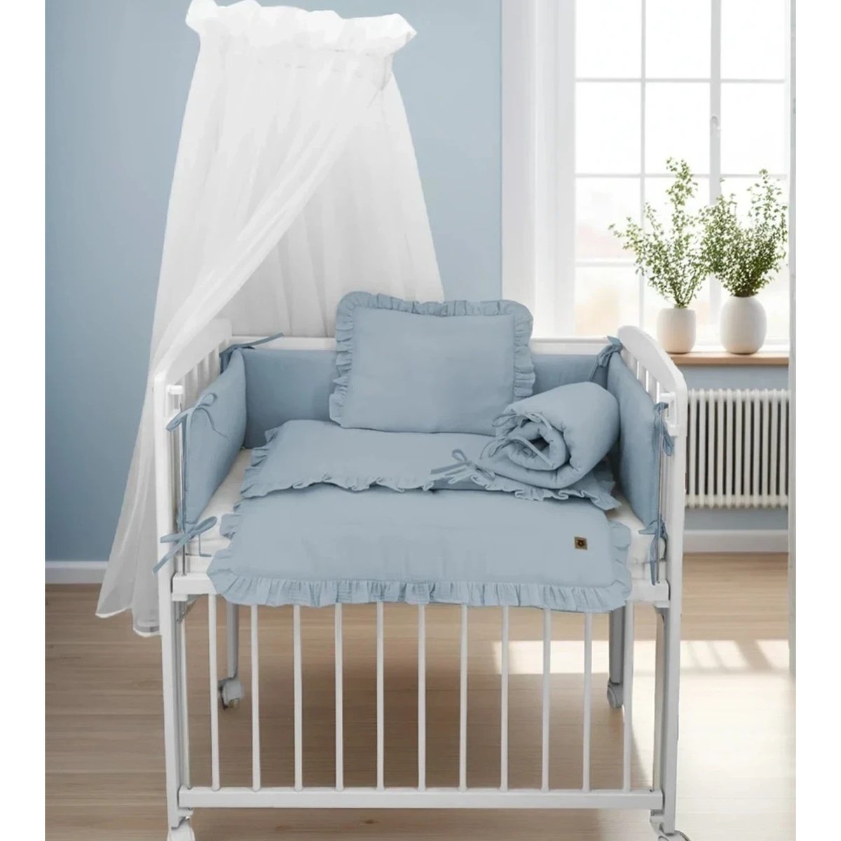 3in1 Beistellbett in Weiss mit Musselin Bettwäsche Jeans – Baby Komfort - babyhafen.de 