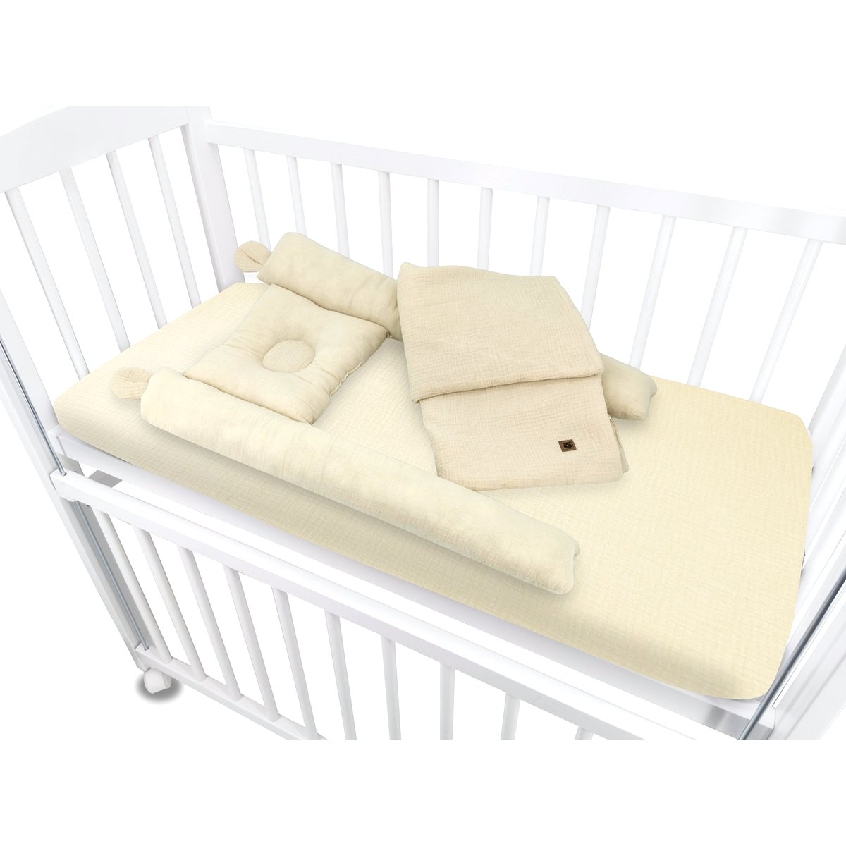 Beistellbett 90x40 mit Rollen, höhenverstellbarer Liegefläche und Musselin-Komplettset