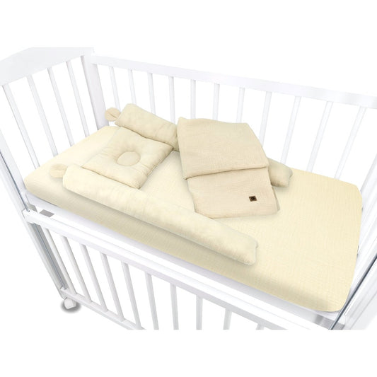 Beistellbett 90x40 mit Rollen, höhenverstellbarer Liegefläche und Musselin-Komplettset
