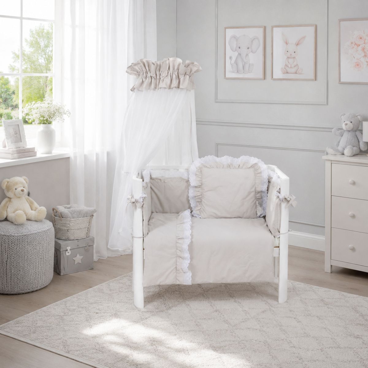 3in1 Beistellbett Royal Grau im stilvollen Babyzimmer mit Bettwäsche, Nestchen und Baldachin 90x40 cm