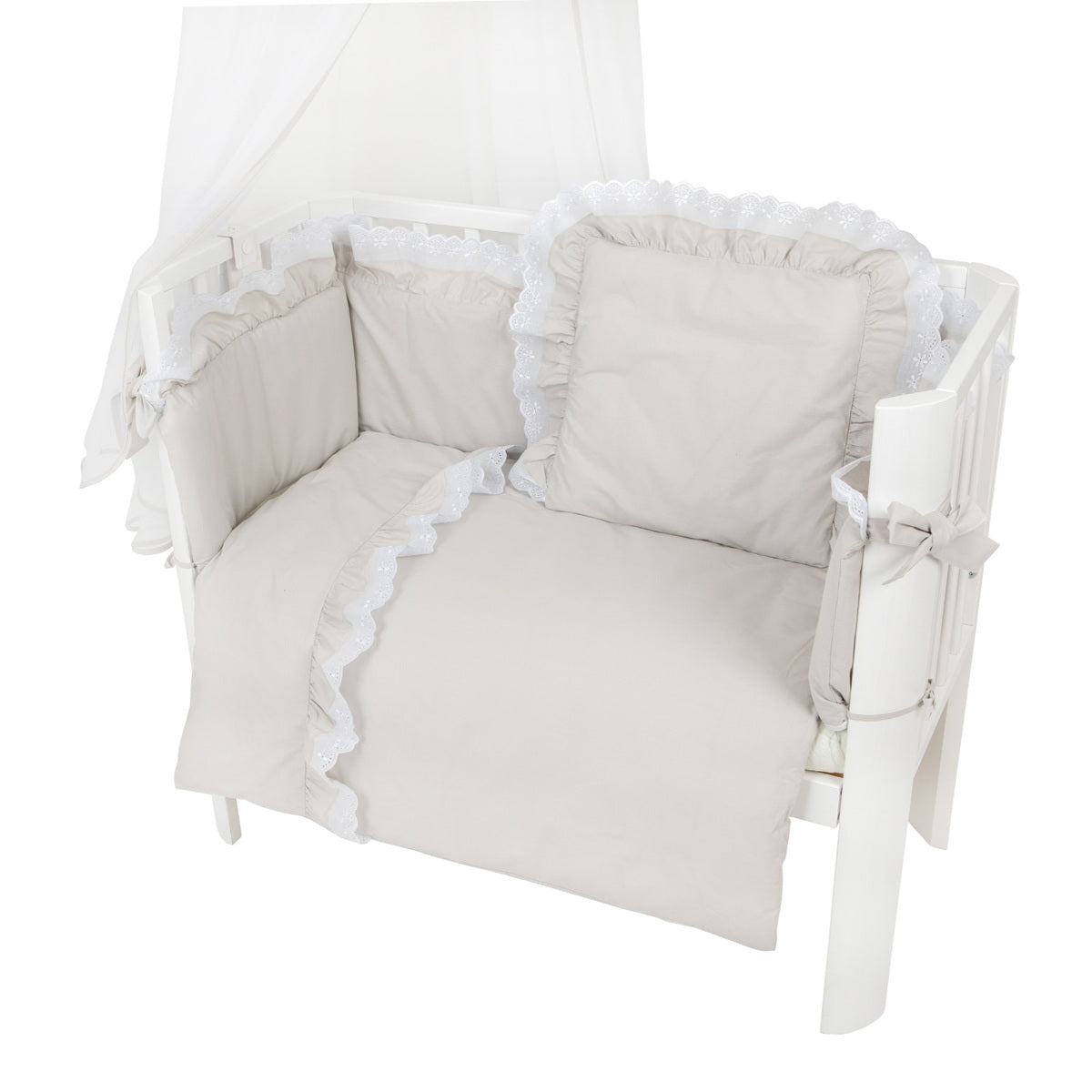 3in1 Beistellbett Royal Grau 90x40 cm mit Bettwäsche, Nestchen und Spitzenverzierung