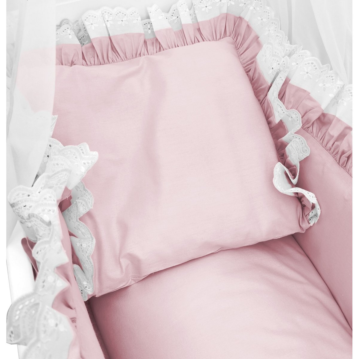 Babybett Royal Rosa Spitze Kissen und Bettwäsche Detail mit Spitze