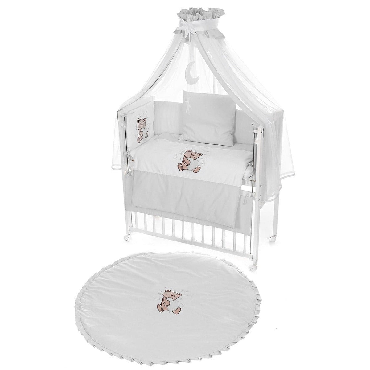 Beistellbett Baby mit Rollen inkl. Krabbeldecke und Baldachin – Teddy Grau