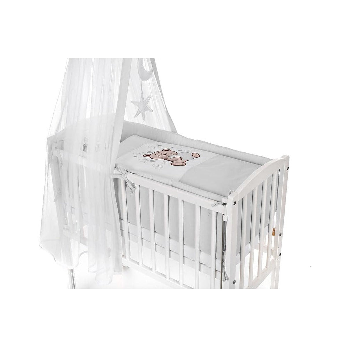 Baby Beistellbett mit Rollen, Baldachin und Teddy-Motiv – Seitenansicht in Grau