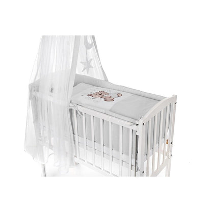 Baby Beistellbett mit Rollen, Baldachin und Teddy-Motiv – Seitenansicht in Grau