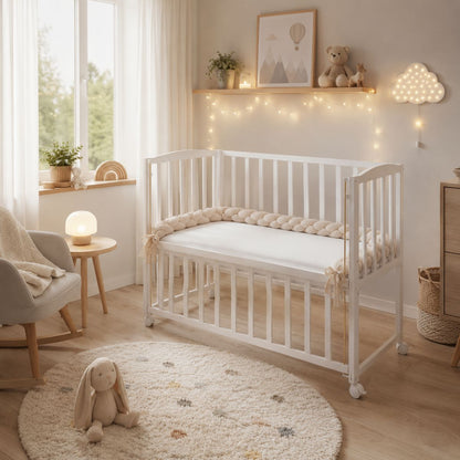 Weißes Beistellbett im skandinavischen Babyzimmer mit beiger Zopfschlange, warmem Licht und gemütlicher Dekoration
