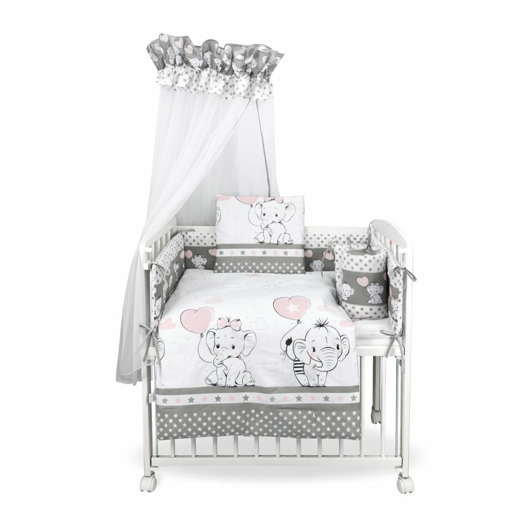 Baby Beistellbett 40 × 90 cm aus massivem Kiefernholz mit Elefanten Bettwäsche und Baldachin