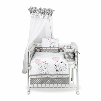 Baby Beistellbett 40 × 90 cm aus massivem Kiefernholz mit Elefanten Bettwäsche und Baldachin