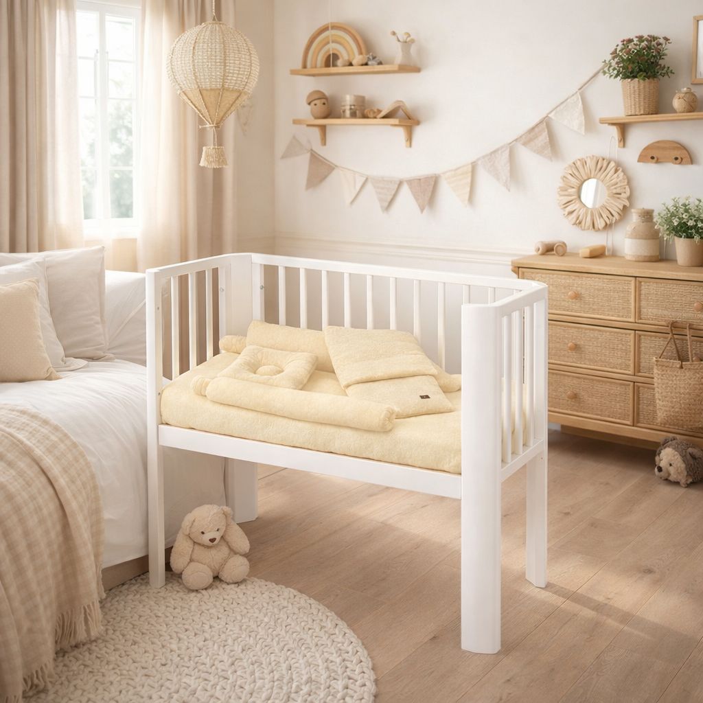 Baby Beistellbett weiß mit Decke und Spannbettlaken Babyzimmer
