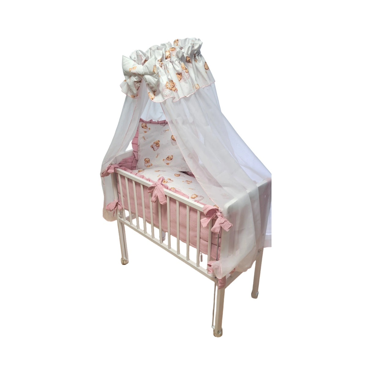 Babybett Rosa mit Musselin-Bettwäsche und Teddybär-Motiv