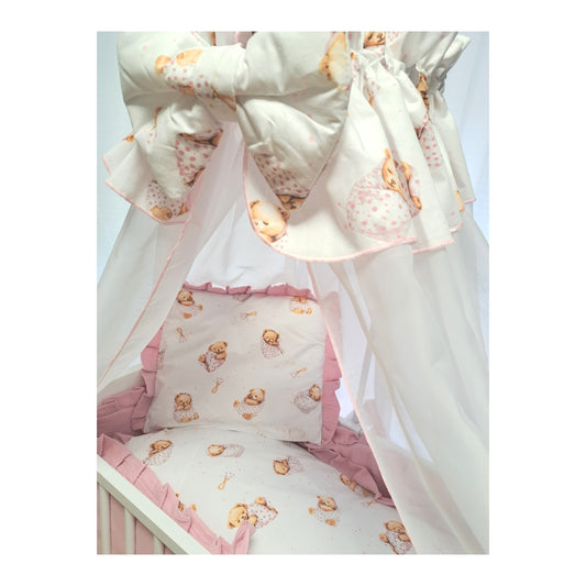 Rosa Beistellbett 3in1 aus Holz mit höhenverstellbarer Liegefläche und Teddybär-Design