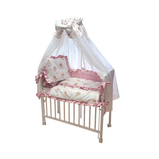 3in1 Babybett Rosa mit Musselin-Bettwäsche und Teddybär-Motiv – Beistellbett und Stubenwagen aus Kiefernholz