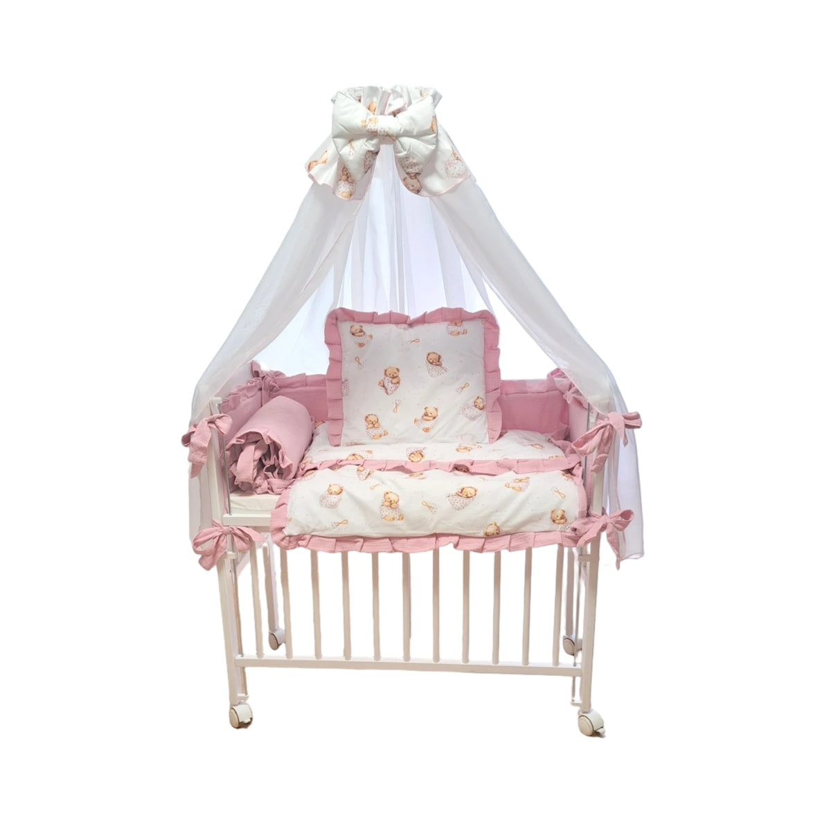 Babybett 90x40 cm Rosa mit Schaummatratze, Rüschen-Bettwäsche und Teddybär-Motiv