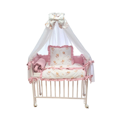 Babybett 90x40 cm Rosa mit Schaummatratze, Rüschen-Bettwäsche und Teddybär-Motiv
