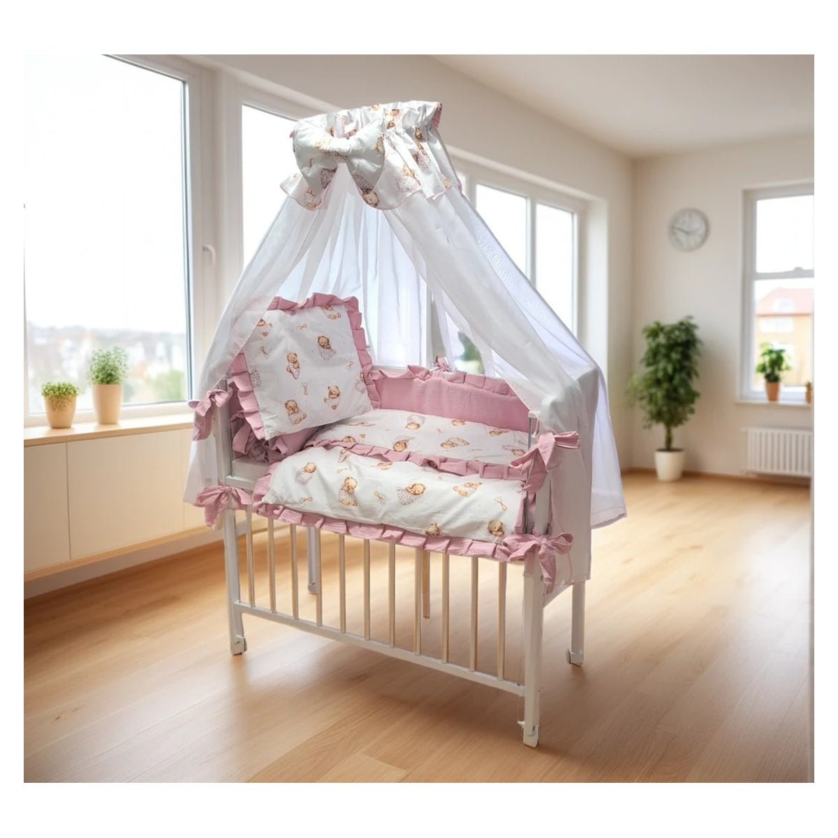 3in1 Beistellbett und Stubenwagen Weiß-Rosa mit Teddybär-Motiv und Chiffon-Himmel