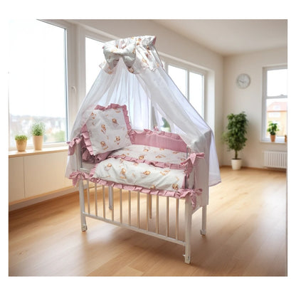 3in1 Beistellbett und Stubenwagen Weiß-Rosa mit Teddybär-Motiv und Chiffon-Himmel