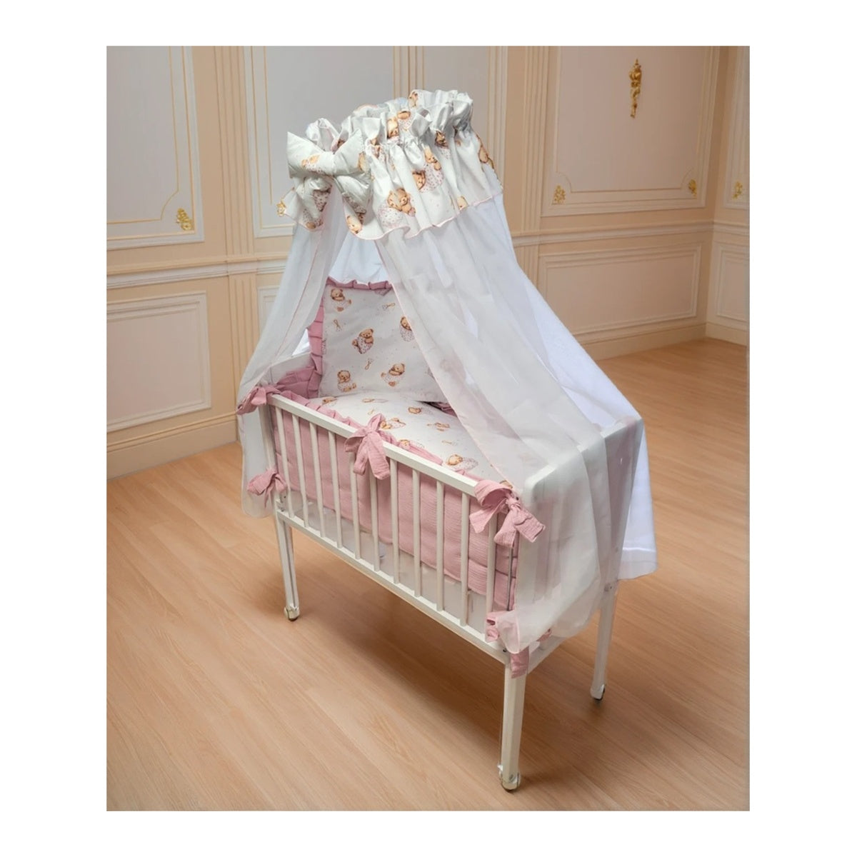 Komplettbett 3in1 für Babys in Rosa – Musselin-Bettwäsche, Matratze und Nestchen im Set