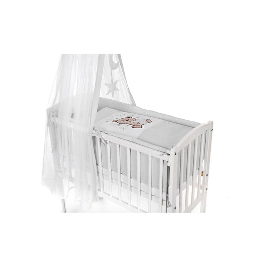 Komplettes Babybett-Set in Grau mit Bären-Stickerei, Himmel und passender Bettwäsche für Beistellbett