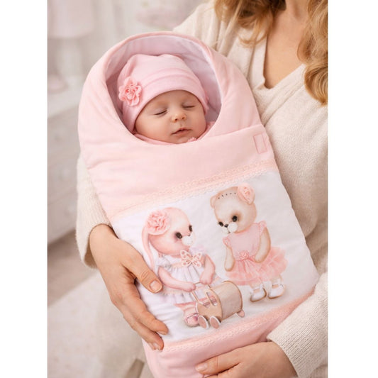 Einschlagdecke Baby Rosa mit Bärchen Motiv für Babyschale und Kinderwagen