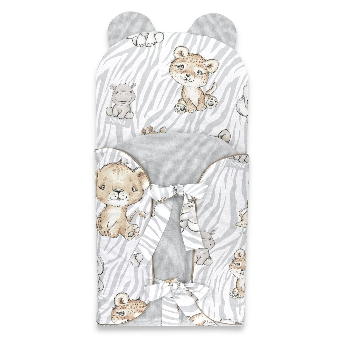 Steckkissen Baby Safari grau mit Tiermotiven und Schleifenbindung