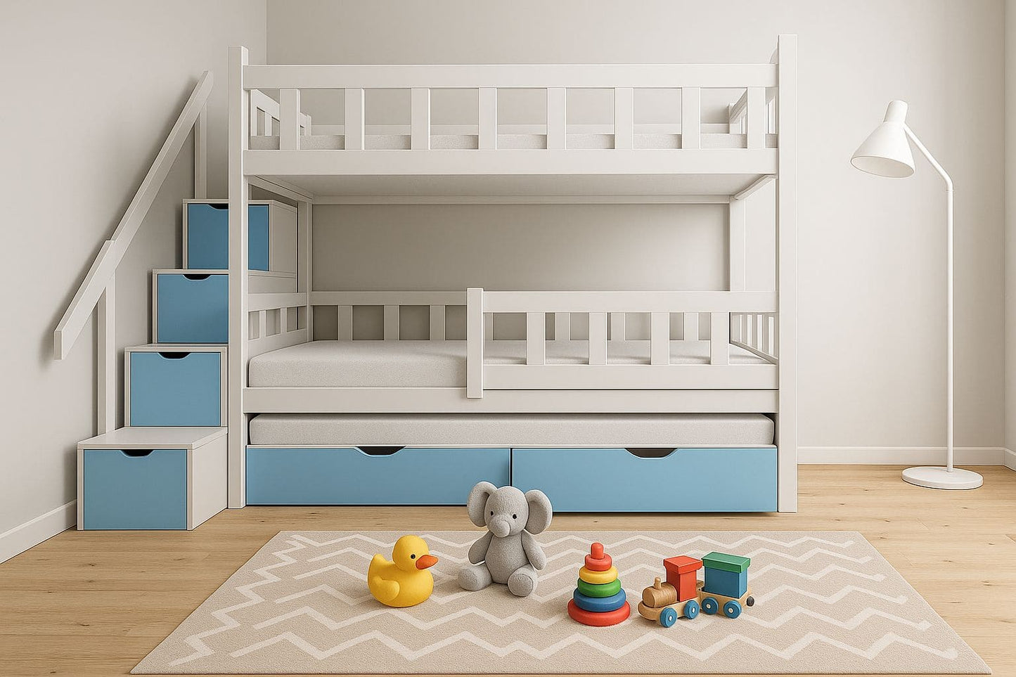Weißes Etagenbett mit blauen Schubladen und Treppe – Kinderbett mit Stauraum und abnehmbaren Betten