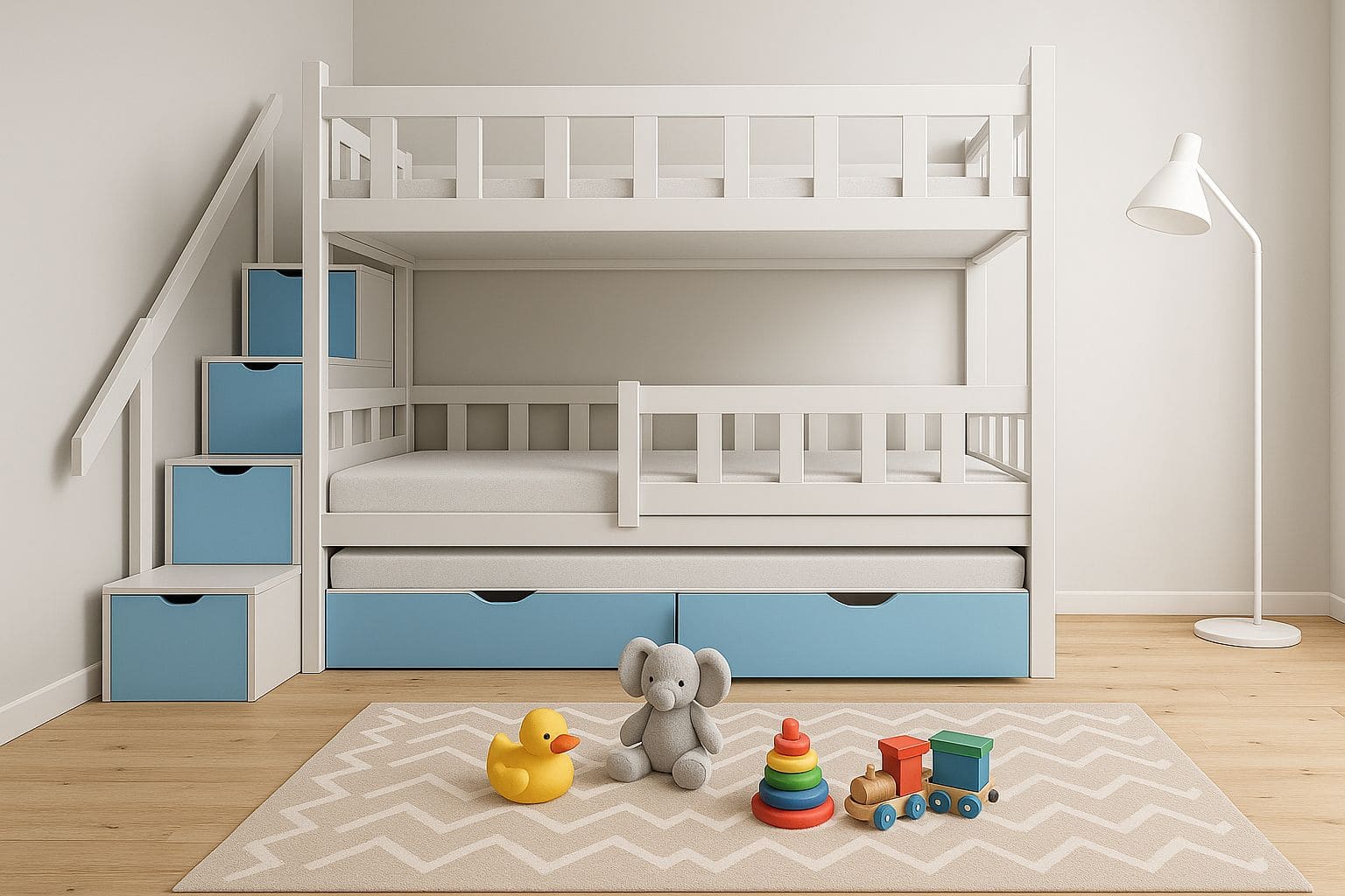 Weißes Etagenbett mit blauen Schubladen und Treppe – Kinderbett mit Stauraum und abnehmbaren Betten