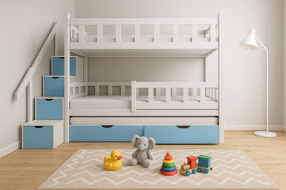 Weißes Etagenbett mit blauen Schubladen und Treppe – Kinderbett mit Stauraum und abnehmbaren Betten