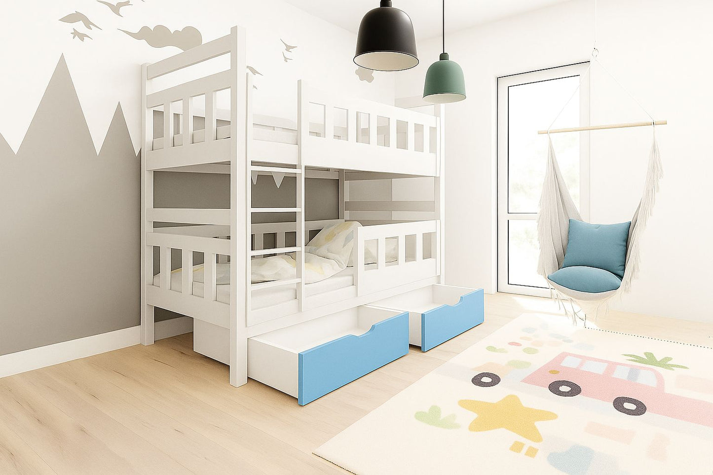 Etagenbett Kinderbett Weiß mit blauen Schubladen – Babyhafen