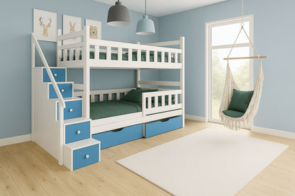 Etagenbett „DreamSteps 90x190“ – Massivholz Kinderbett mit Treppe & Schubladen