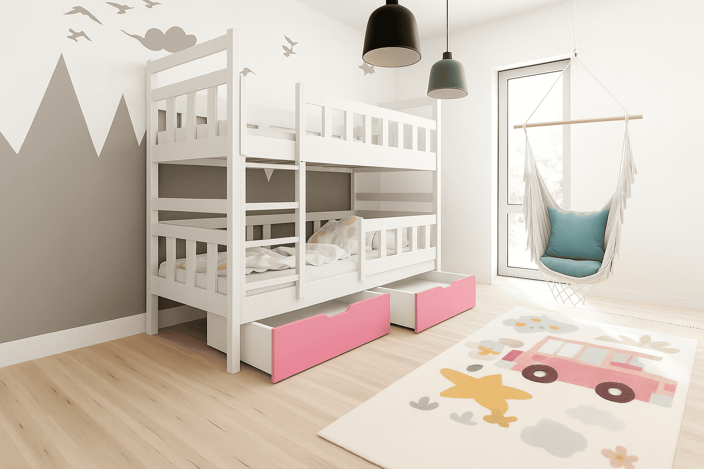 Etagenbett „Luna 2in1“ – Kinderbett für zwei Kinder mit Schubladen