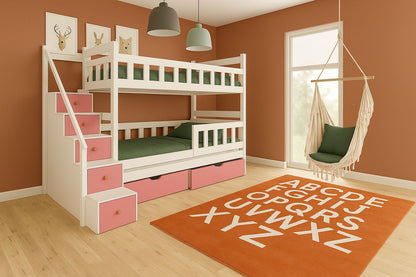 Etagenbett „DreamSteps 90x190“ – Massivholz Kinderbett mit Treppe & Schubladen