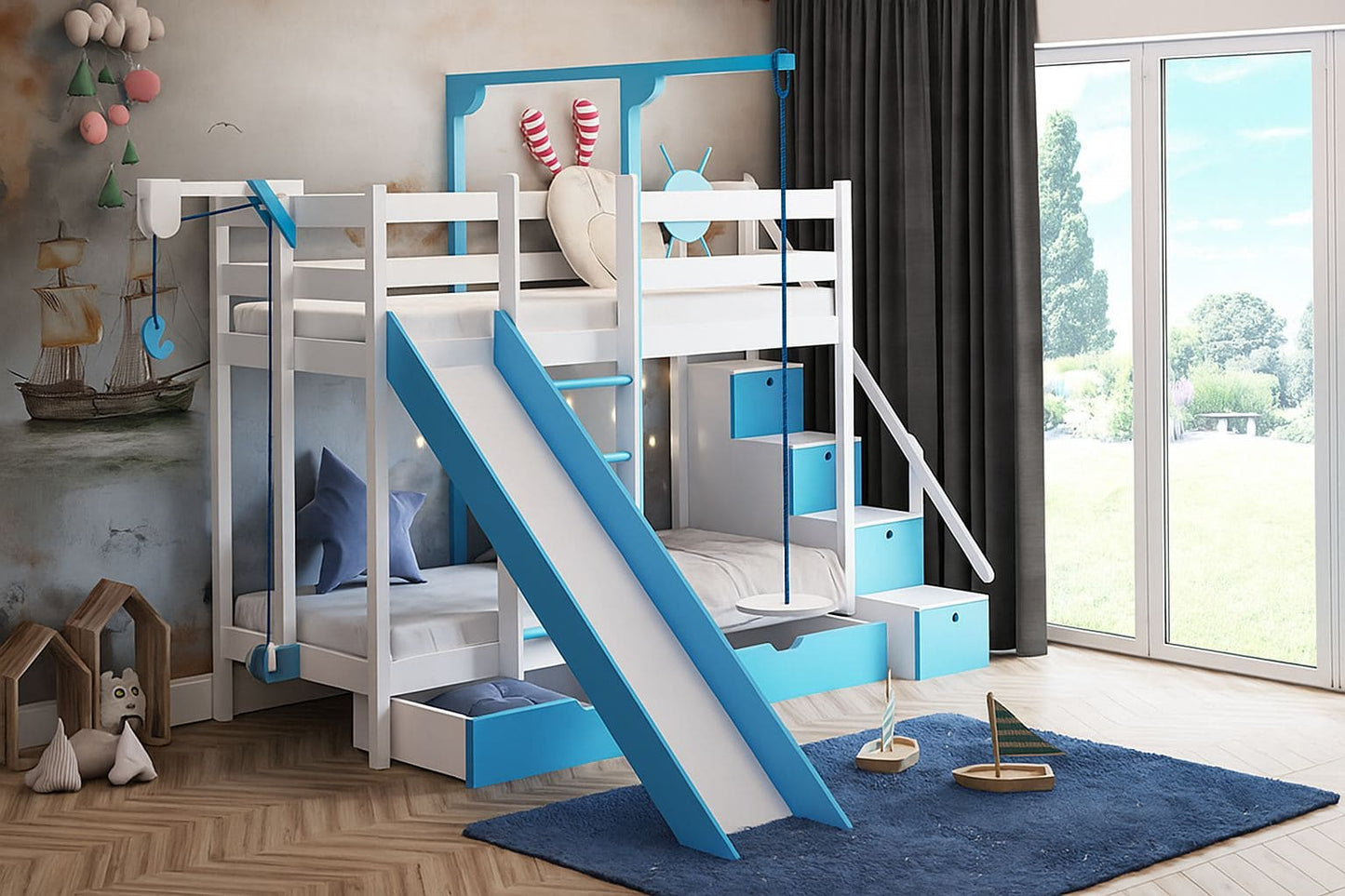 Etagenbett Spassinsel Abenteuer 200x90 mit Rutsche, Treppe & Stauraum aus Massivholz