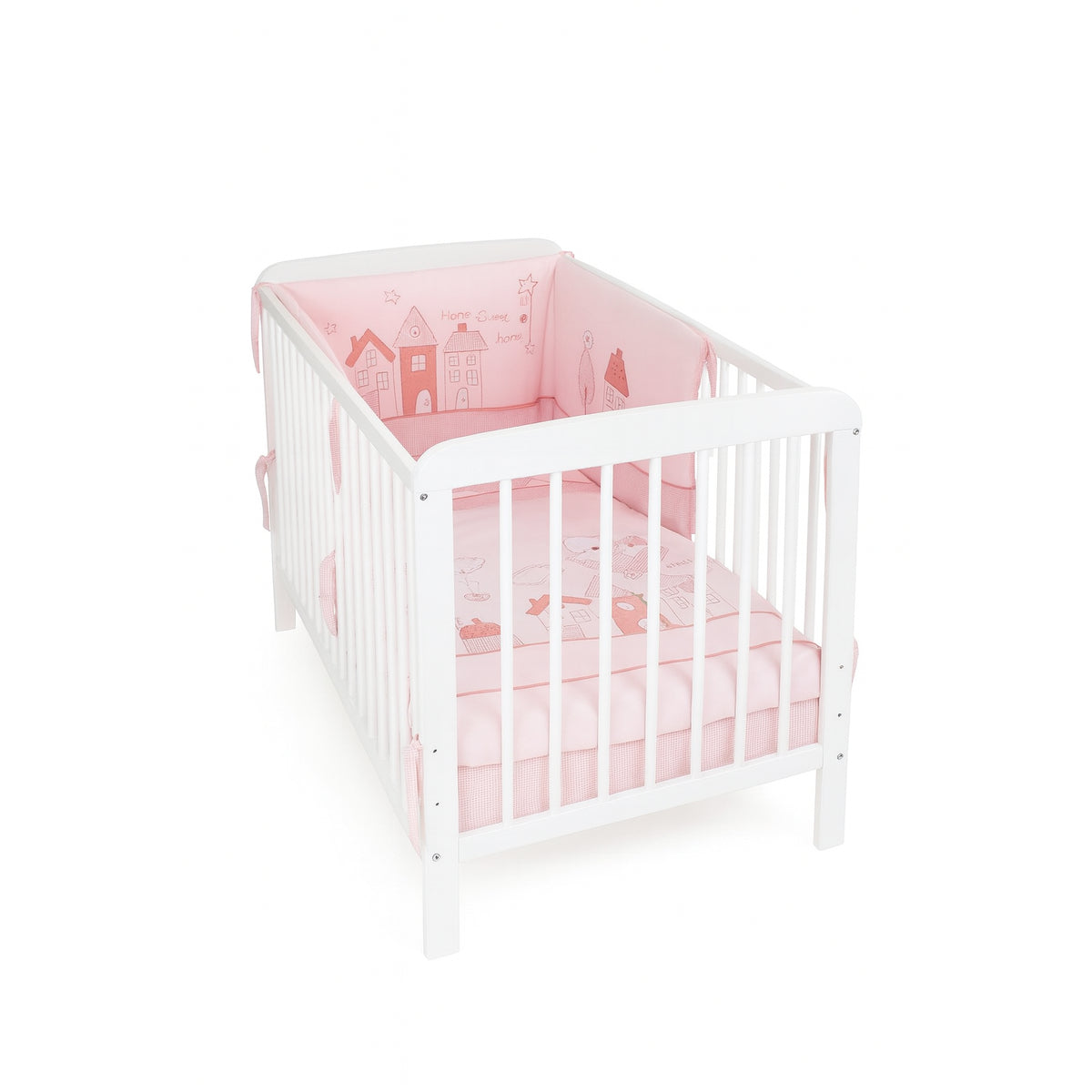 Kinderbett 60x120 weiß mit rosa Bettwäsche und Nestchen