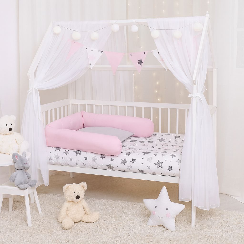 Babyhafen Hausbett 60x120 Rosa Sterne– Weißes Kinderbett mit Himmel, Wimpelgirlande und LED-Lichterkette