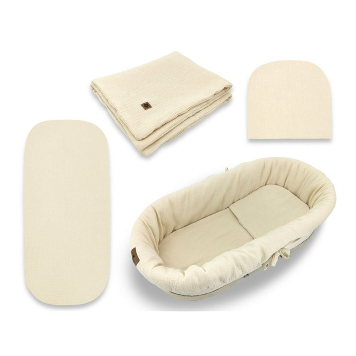 Beiges Musselin Kinderwagen Set mit Nestchen, Decke und Kissen aus Baumwolle