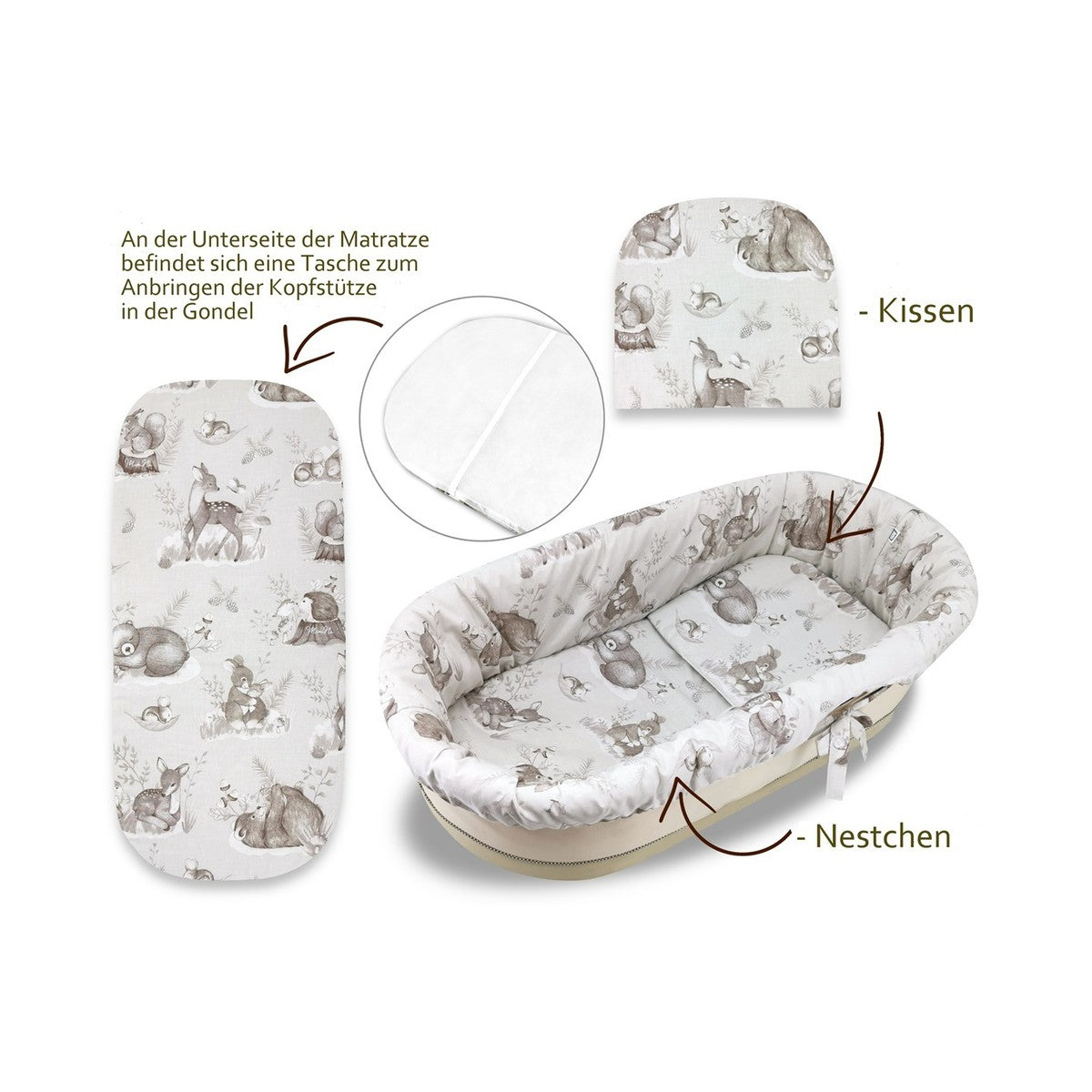 3-teiliges Kinderwagen-Set mit Tier- und Waldmotiv