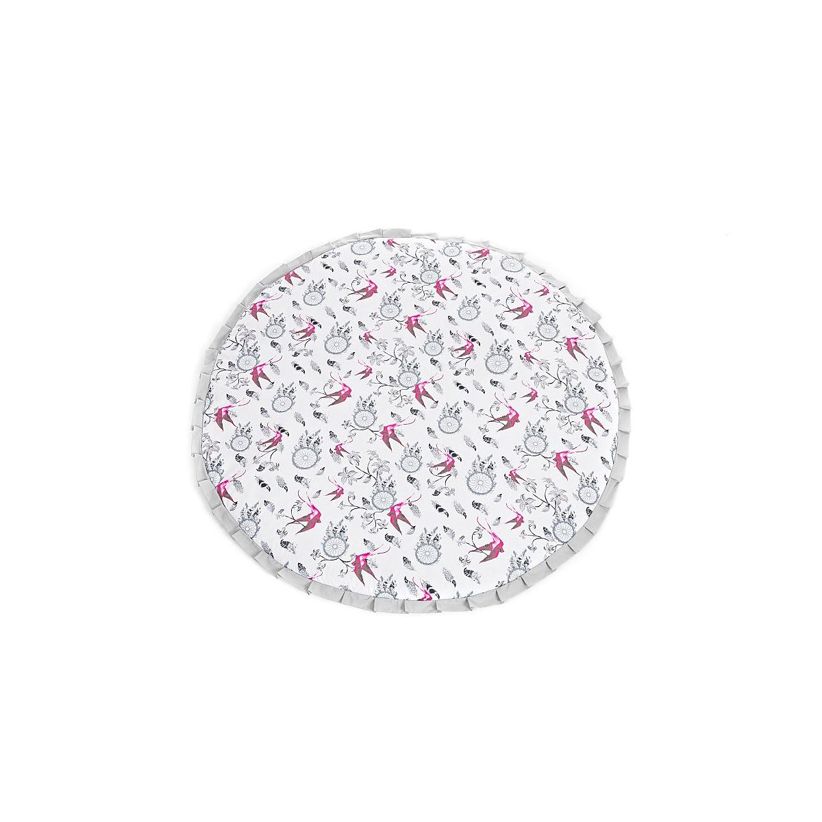 Runde Baby Spielmatte mit Traumfänger-Motiv und Rüschen in Grau